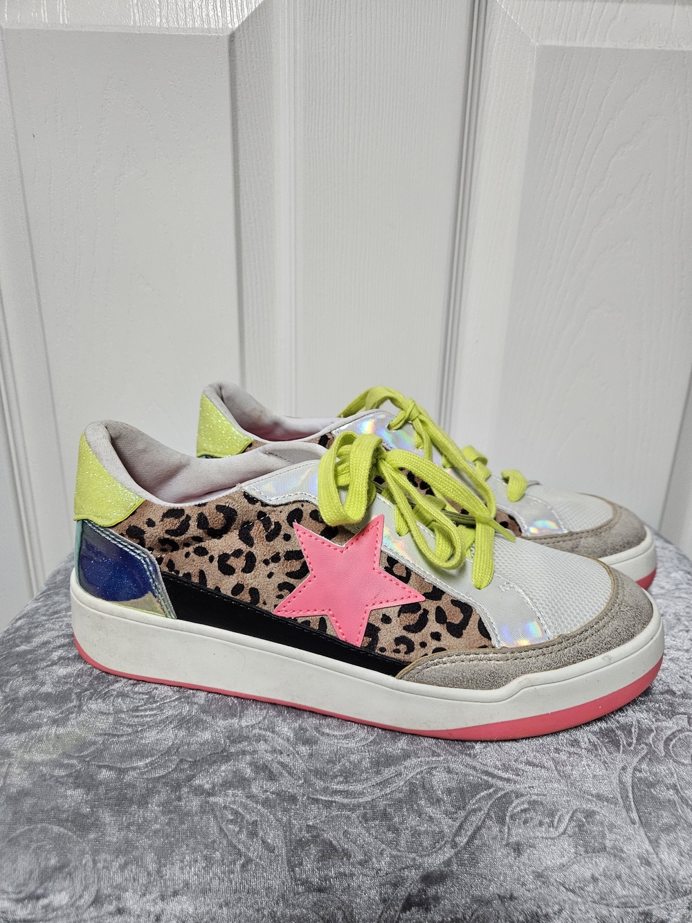 wonder nation Leopard Print Sneakers with Neon Pink Star & Lime Laces